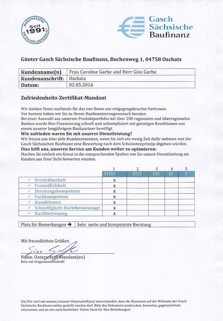 Zufriedenheits-Zertifikat der Familie Garbe
