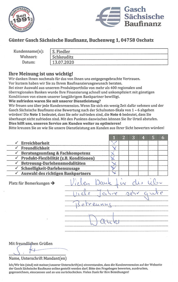 Zufriedenheits-Zertifikat von S. Fiedler