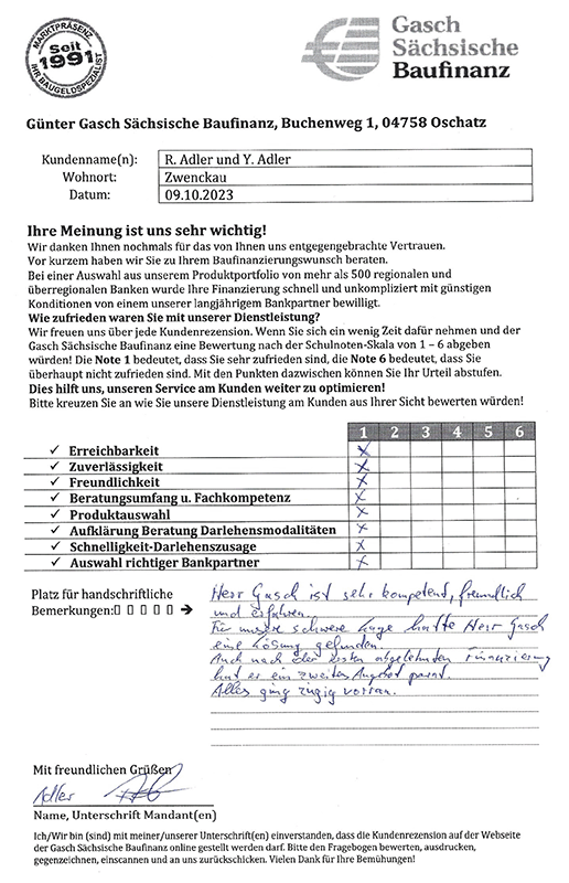 Zufriedenheits-Zertifikat von R. und Y. Adler