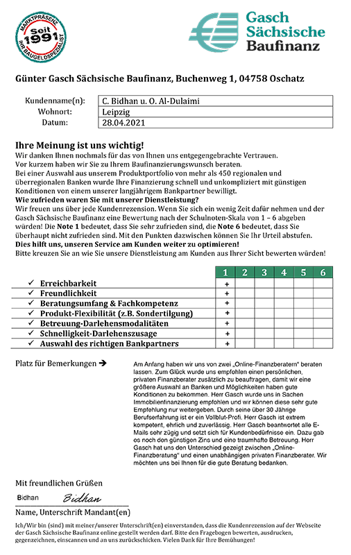 Zufriedenheits-Zertifikat von C. Bidhan und O. AL-Dulaimi