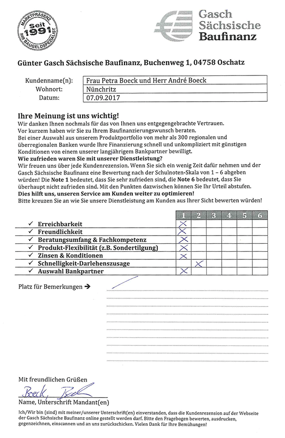 Zufriedenheits-Zertifikat von Petra und André Boeck