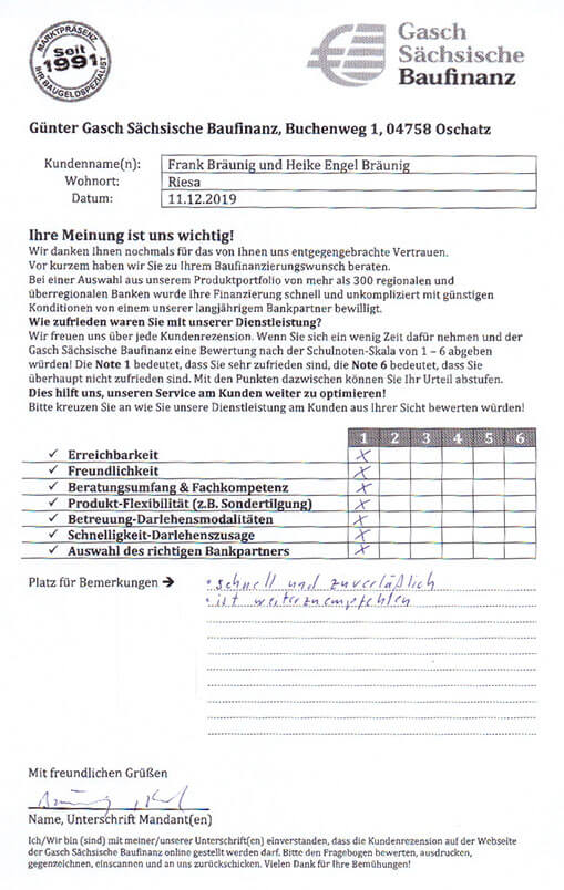 Zufriedenheits-Zertifikat von Frank Bräunig und Heike Engel Bräunig