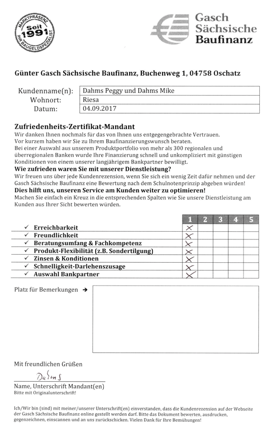 Zufriedenheits-Zertifikat von Peggy und Mike Dahms