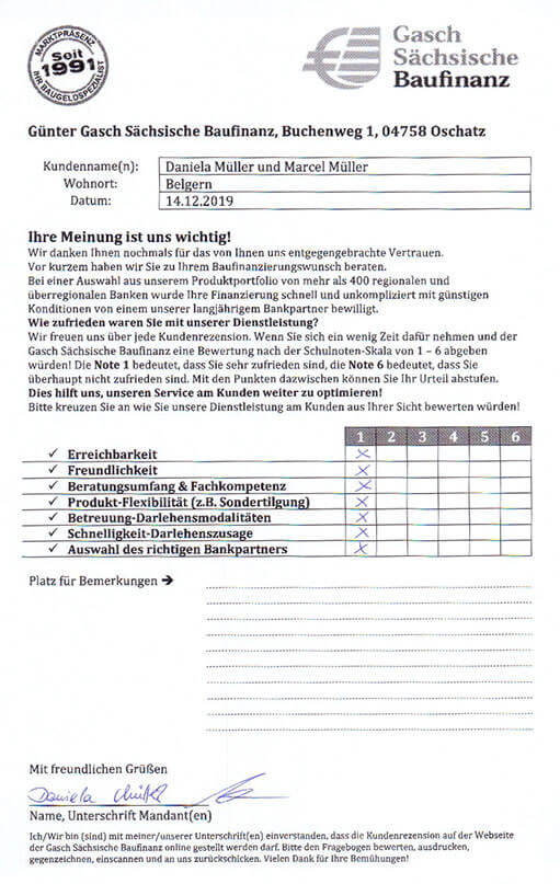 Zufriedenheits-Zertifikat von Daniela und Marcel Müller