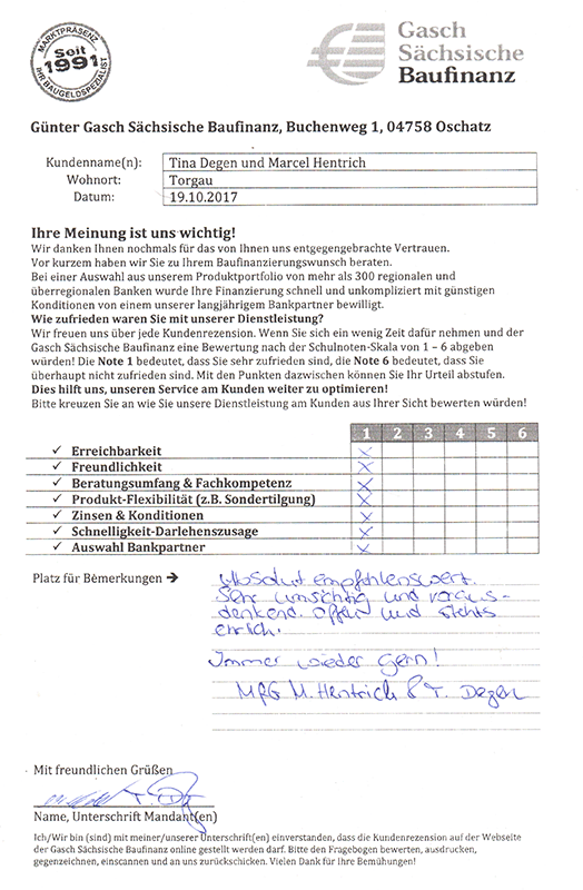Zufriedenheits-Zertifikat von Tina Degen und Marcel Hentrich