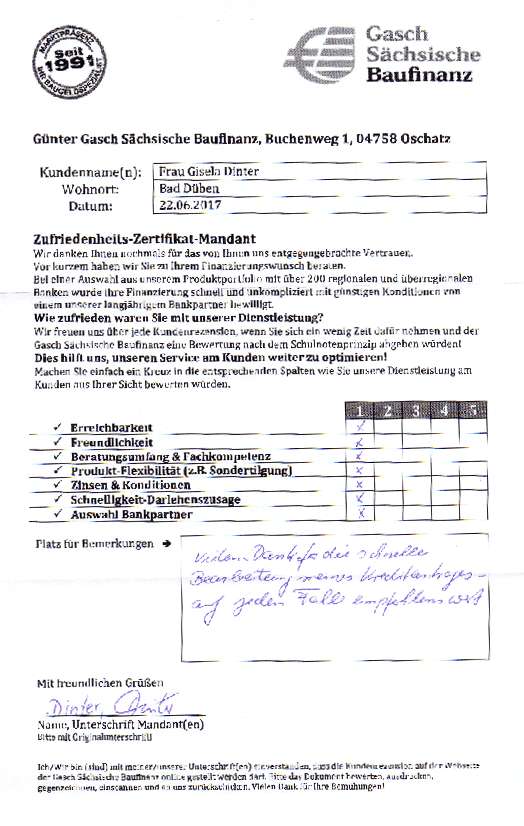 Zufriedenheits-Zertifikat von Gisela Dinter
