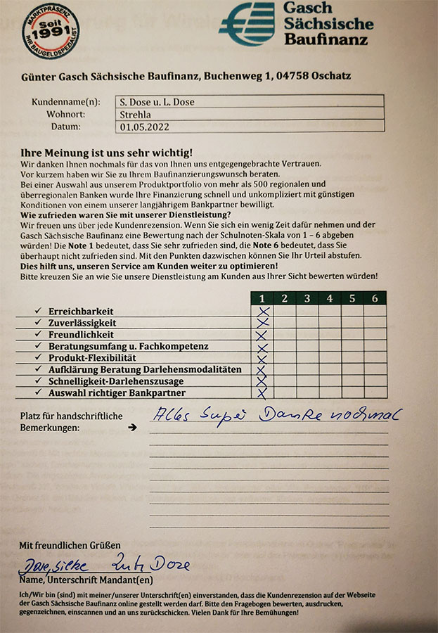 Zufriedenheits-Zertifikat von S. und L. Dose