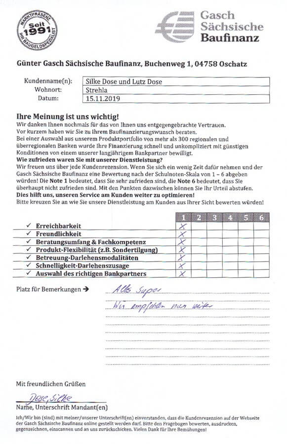 Zufriedenheits-Zertifikat von Silke und Lutz Dose