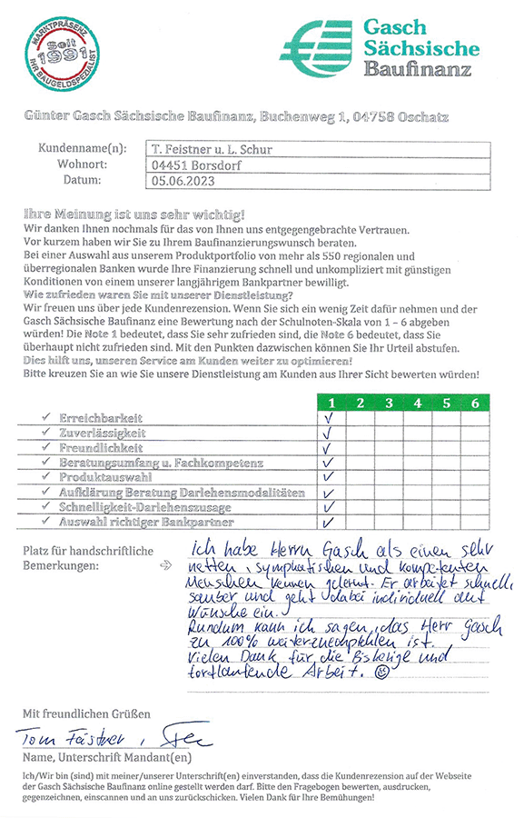 Zufriedenheits-Zertifikat von T. Feistner u. L. Schur
