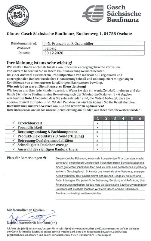 Zufriedenheits-Zertifikat von J.-N. Franzen und D. Graumüller