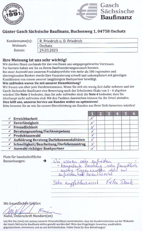 Zufriedenheits-Zertifikat von R. und D. Friedrich