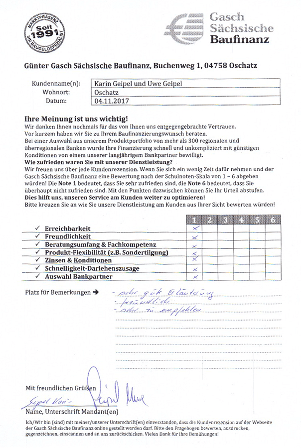 Zufriedenheits-Zertifikat von Karin und Uwe Geipel