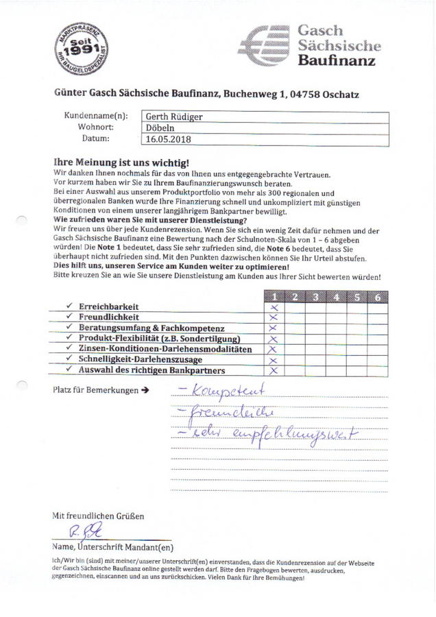 Zufriedenheits-Zertifikat von Gerth Rüdiger