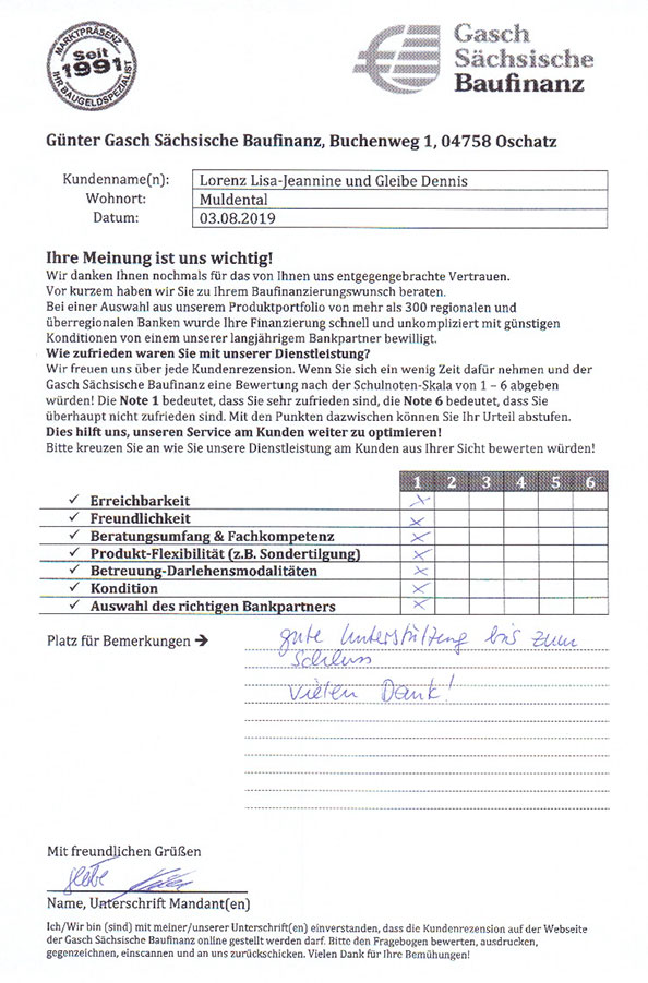 Zufriedenheits-Zertifikat von Lisa-Jeannine Lorenz und Dennis Gleibe