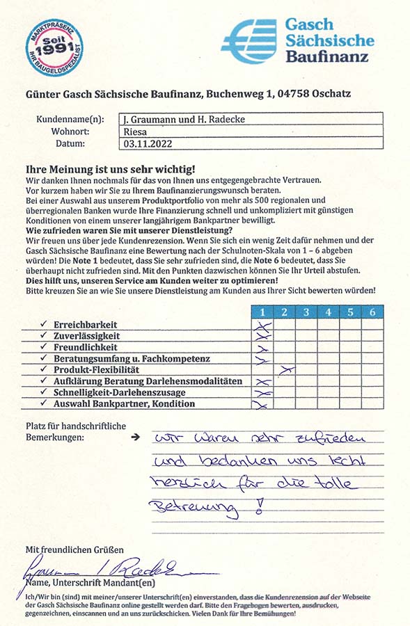 Zufriedenheits-Zertifikat von J. Graumann und H. Radecke