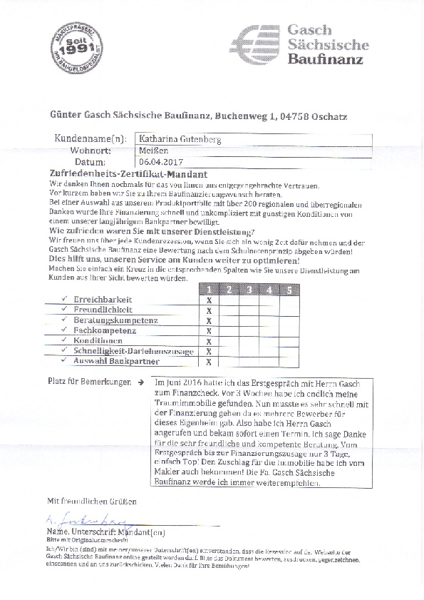 Zufriedenheits-Zertifikat von Katharina Gutenberg