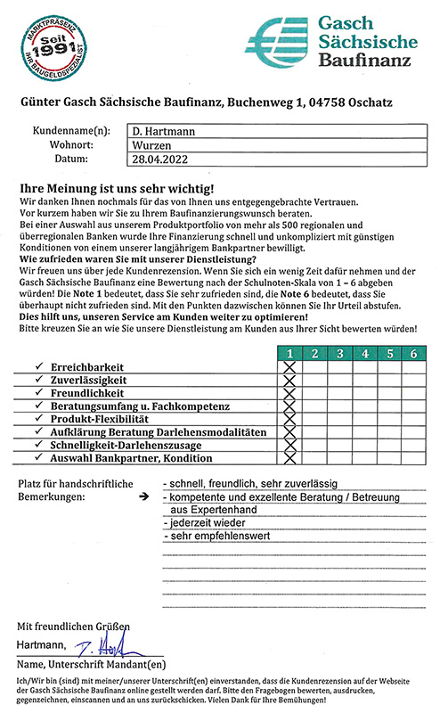 Zufriedenheits-Zertifikat von D. Hartmann