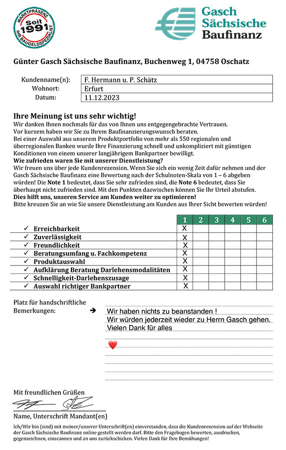 Zufriedenheits-Zertifikat von F. Hermann u. P. Schätz