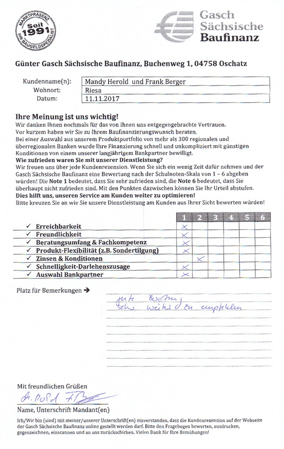 Zufriedenheits-Zertifikat von Mandy Herold und Frank Berger