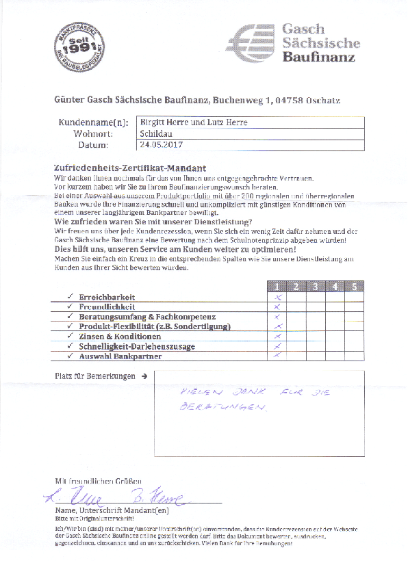 Zufriedenheits-Zertifikat von Birgit und Lutz Herre