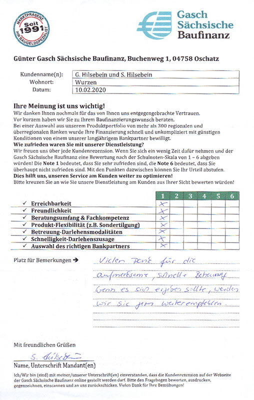 Zufriedenheits-Zertifikat von Familie Hilsebein