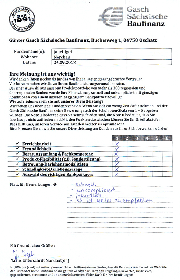Zufriedenheits-Zertifikat von Janet Igel