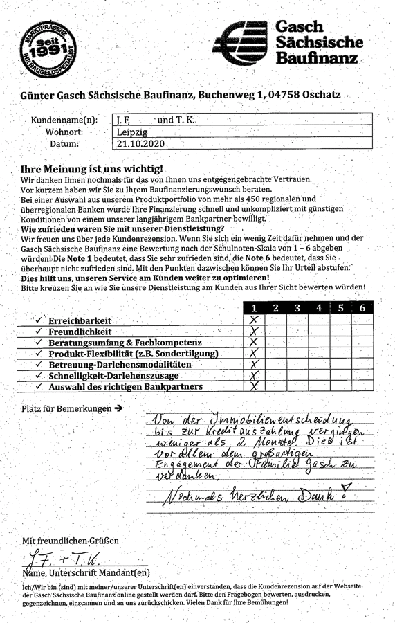 Zufriedenheits-Zertifikat von J. F. und T. K.