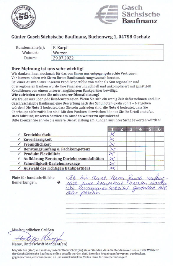 Zufriedenheits-Zertifikat von P. Karpf