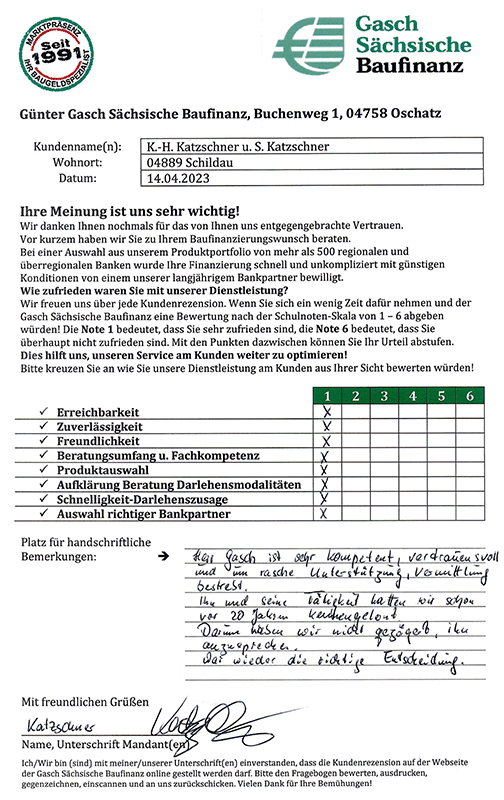 Zufriedenheits-Zertifikat von K.-H. und S. Katzschner