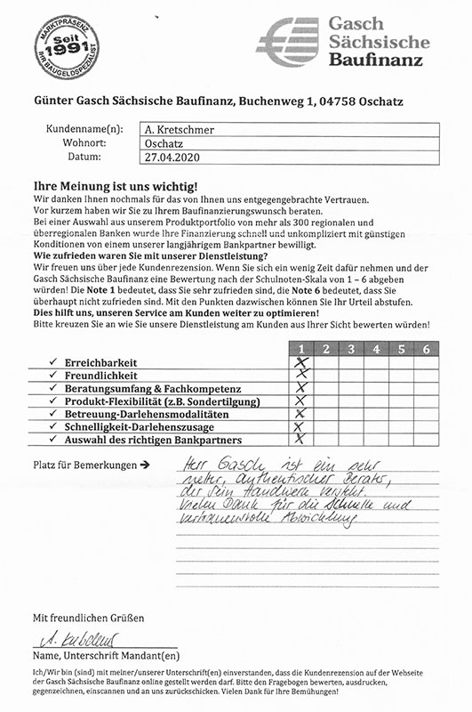 Zufriedenheits-Zertifikat von A. Kretschmer