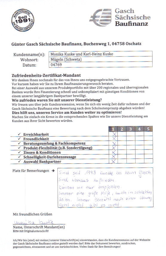Zufriedenheits-Zertifikat von Monika und Karl-Heinz Kuske