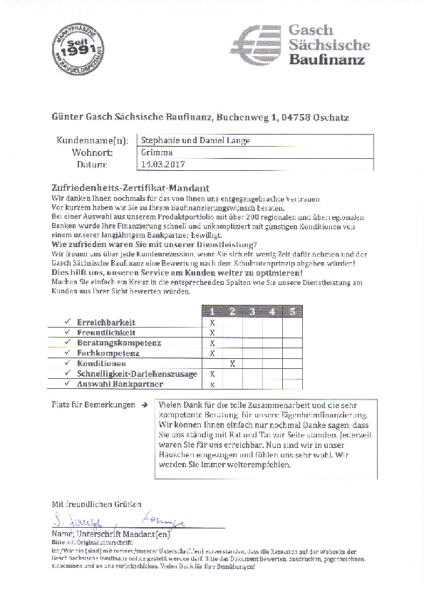 Zufriedenheits-Zertifikat von Stephanie und Daniel Lange