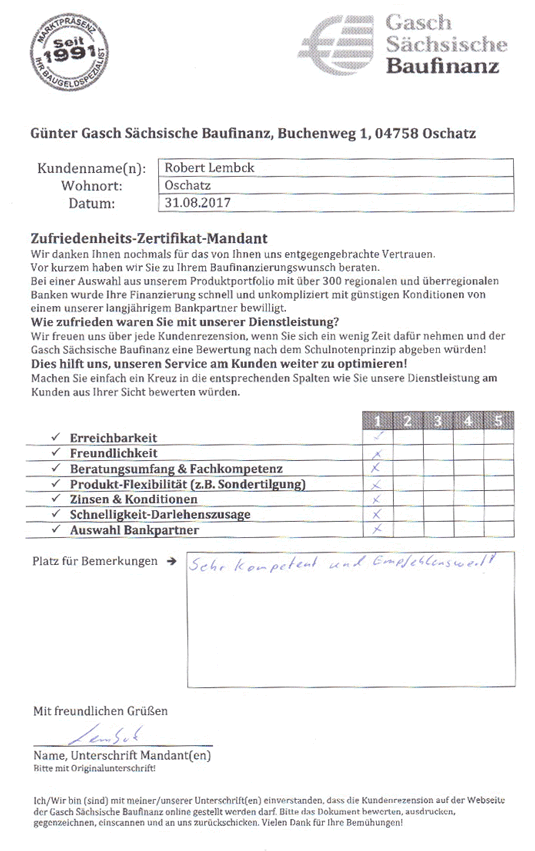 Zufriedenheits-Zertifikat von Robert Lembck