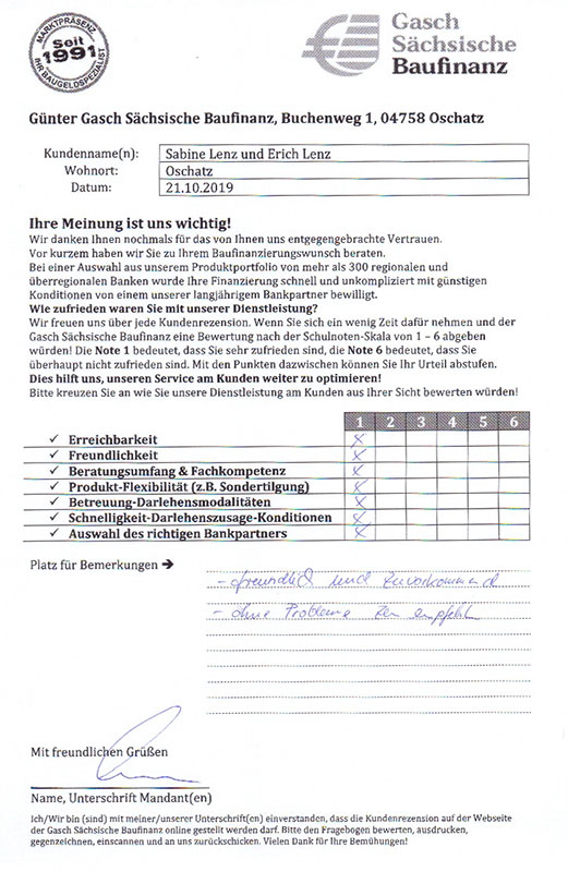 Zufriedenheits-Zertifikat von Sabine und Erich Lenz