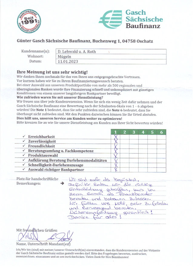 Zufriedenheits-Zertifikat von D. Lehwald und A. Roth