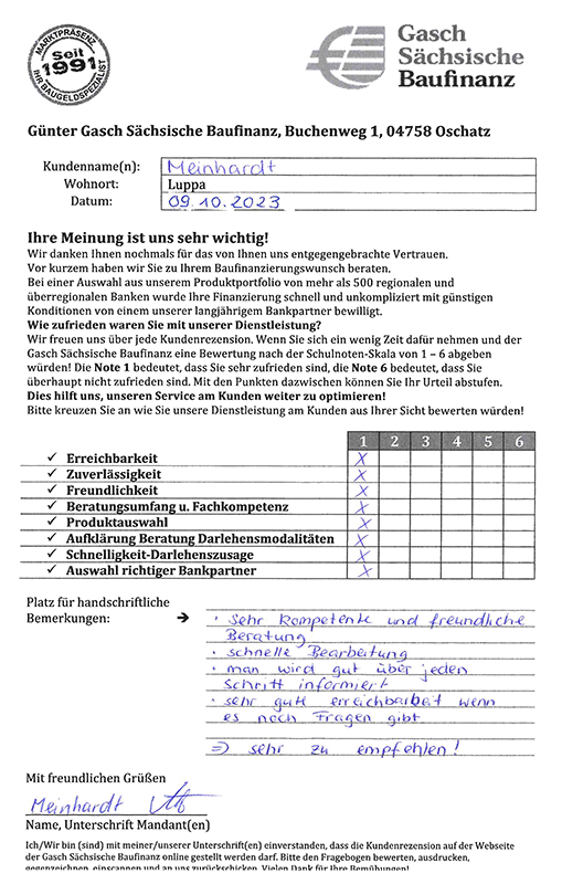Zufriedenheits-Zertifikat von Meinhardt