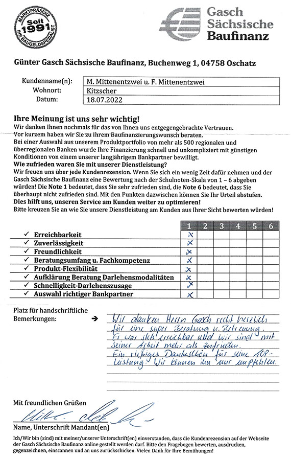 Zufriedenheits-Zertifikat von M. u. F. Mittenentzwei