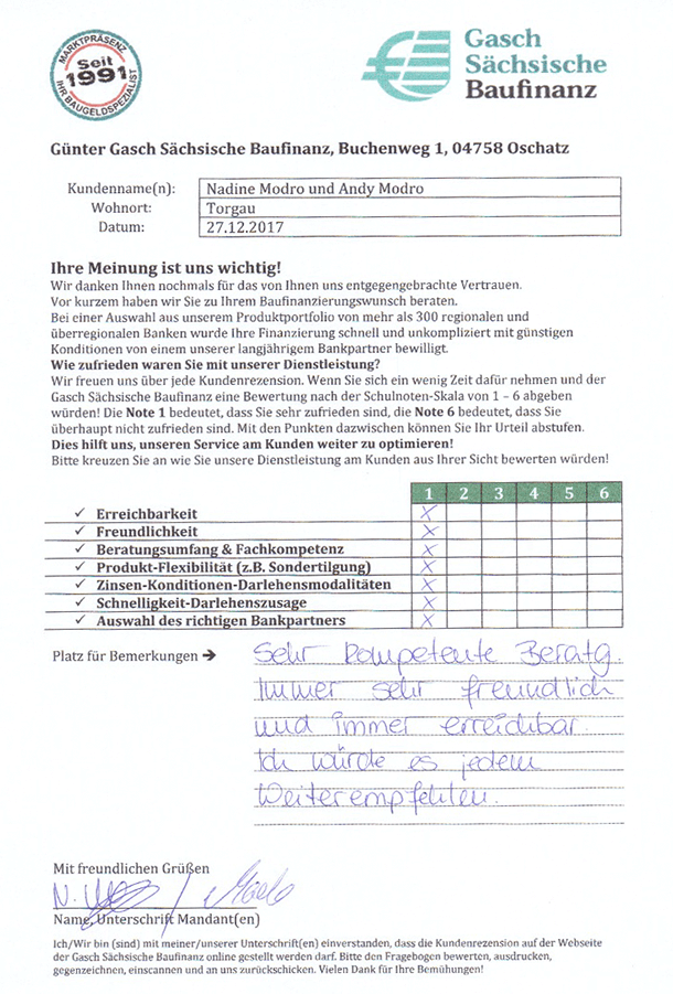Zufriedenheits-Zertifikat von Nadine und Andy Modro