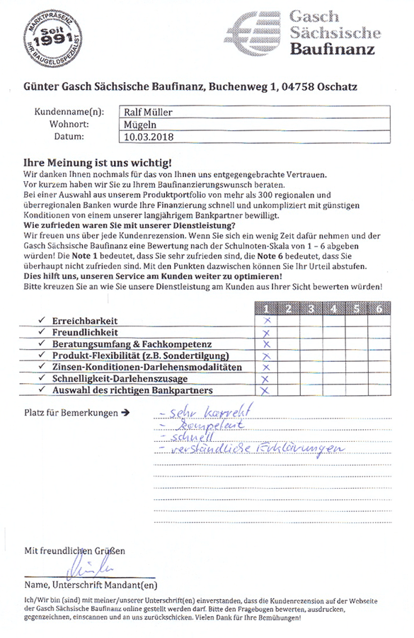 Zufriedenheits-Zertifikat von Ralf Müller
