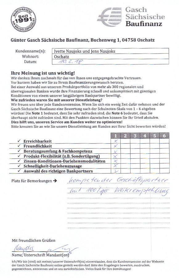 Zufriedenheits-Zertifikat von Ivette und Jens Naujoks