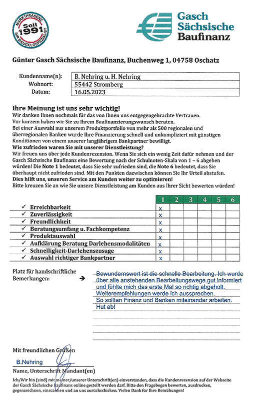 Zufriedenheits-Zertifikat von B. u. H. Nehring