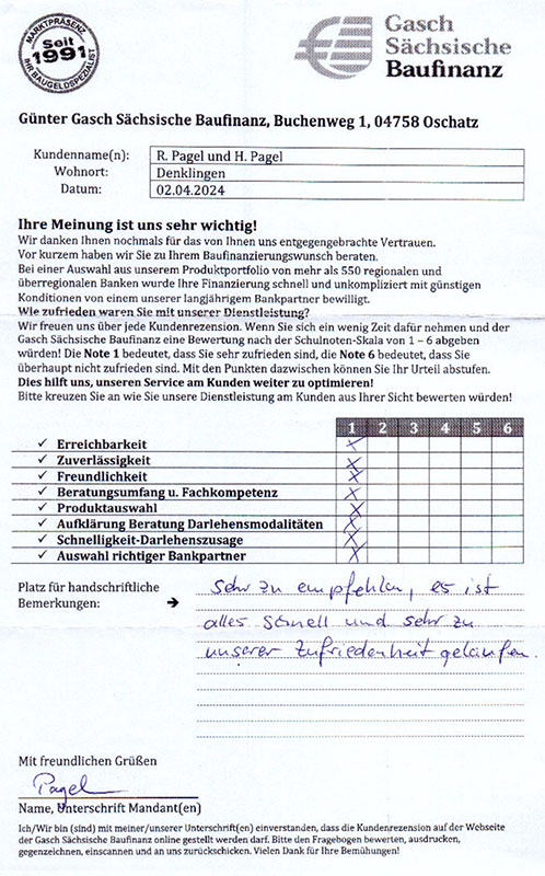 Zufriedenheits-Zertifikat von R. und H. Pagel