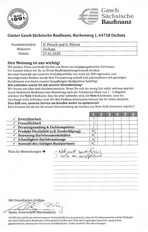 Zufriedenheits-Zertifikat von Familie Pörsch