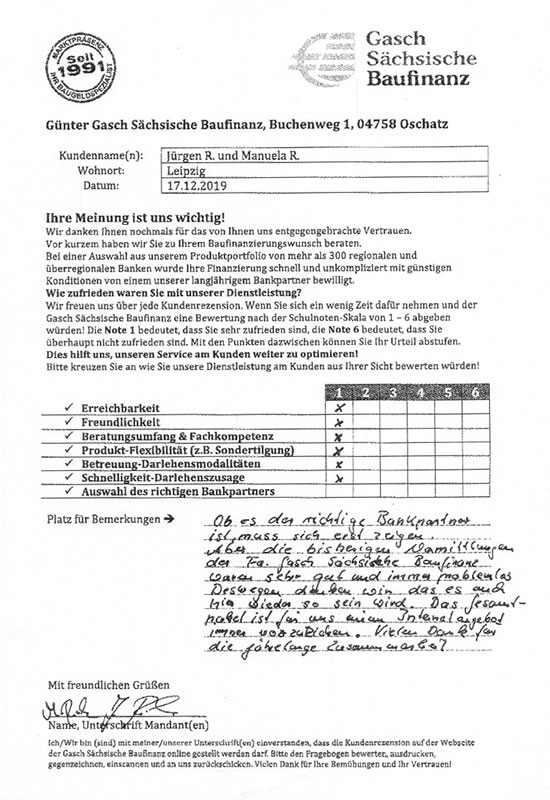 Zufriedenheits-Zertifikat von Jürgen und Manuela R.