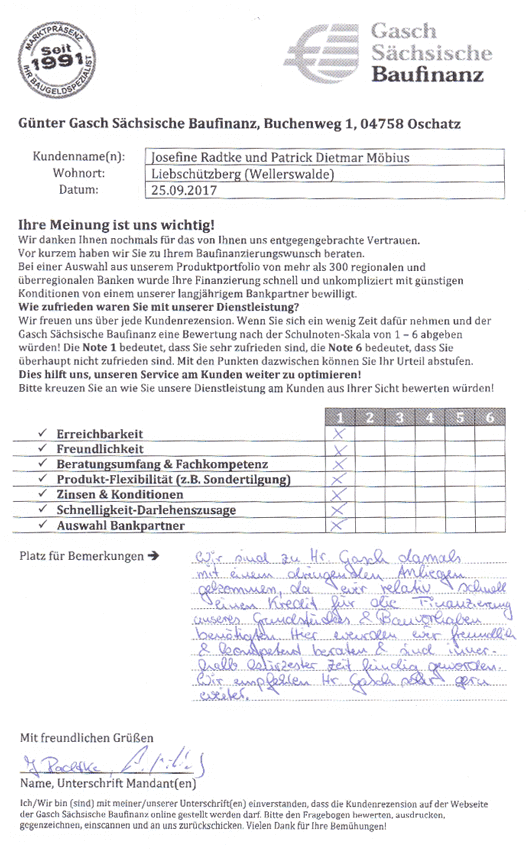 Zufriedenheits-Zertifikat von Josefine Radtke und Patrick Dietmar Möbius