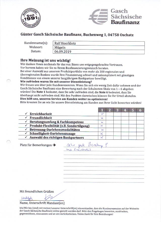 Zufriedenheits-Zertifikat von Ralf Heerklotz