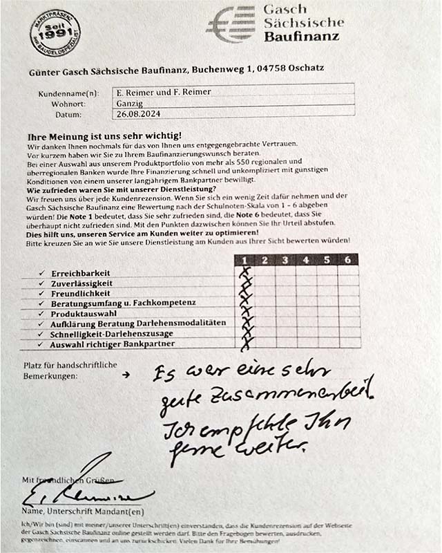 Zufriedenheits-Zertifikat von E. Reimer und F. Reimer