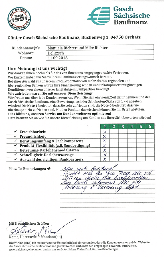 Zufriedenheits-Zertifikat von Manuela und Mike Richter
