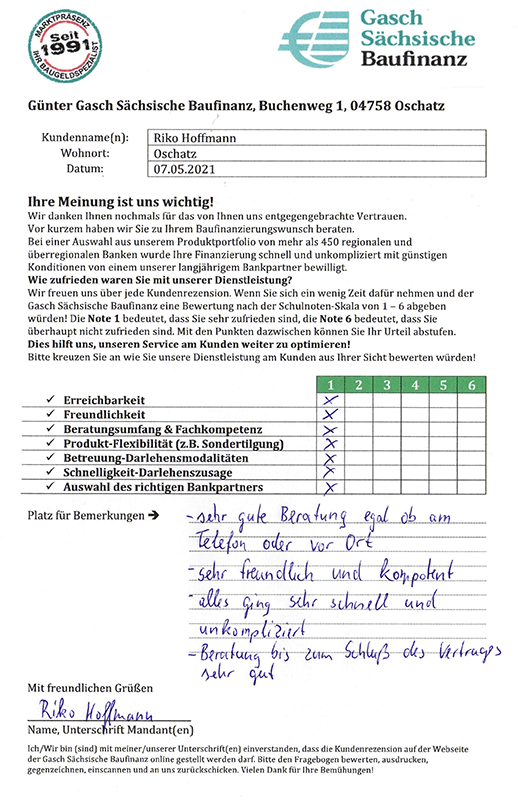 Zufriedenheits-Zertifikat von Riko Hoffmann