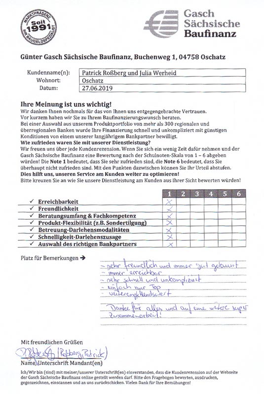 Zufriedenheits-Zertifikat von Patrick Roßberg und Julia Werheid